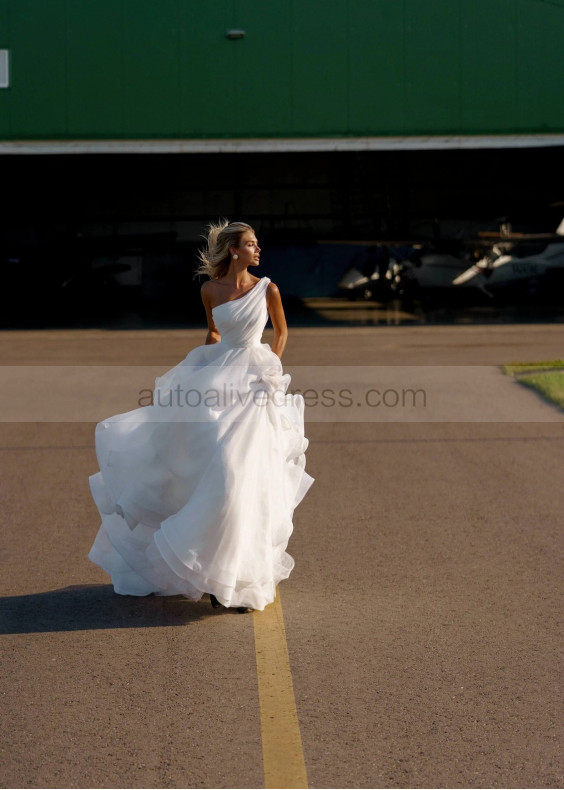 One Shoulder White Organza Pleated Flowing Wedding Dress